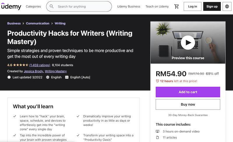 Productivity Hacks Writing Course Homepage