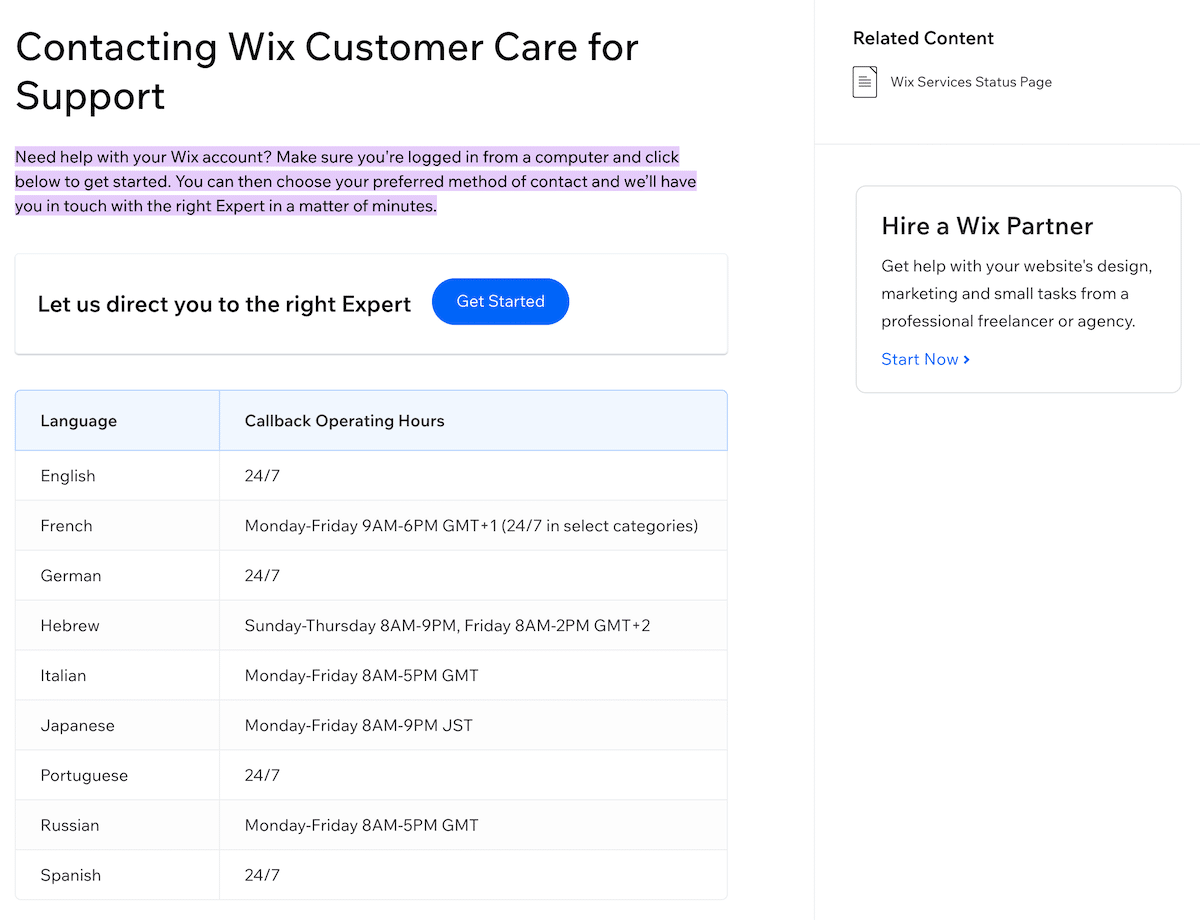 Wix Customer Support Page With Hours Of Operation